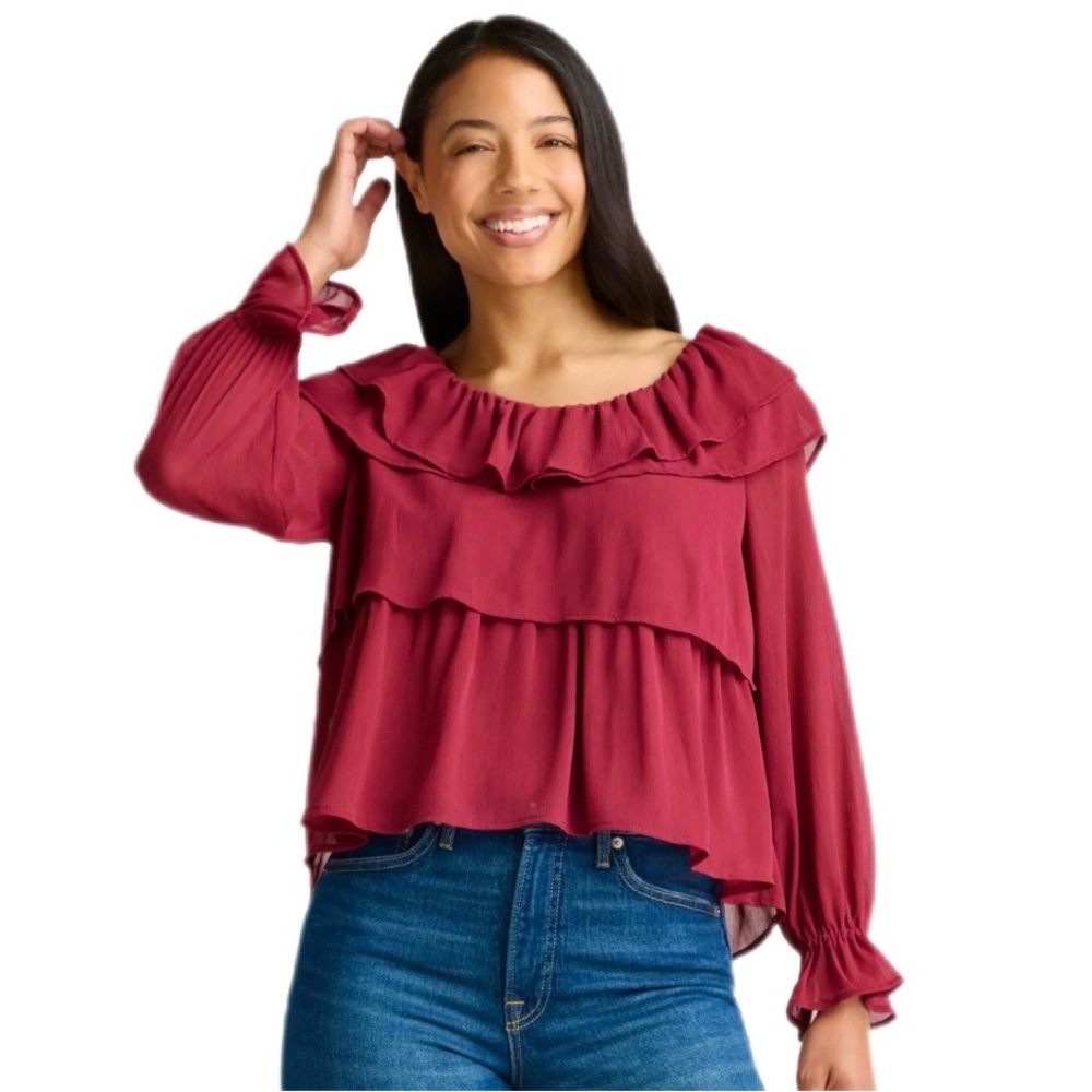 NEW! Time and Tru Burgundy Wine Long Sleeve Ruffled Flirty Blouse! NWT XL 16/18